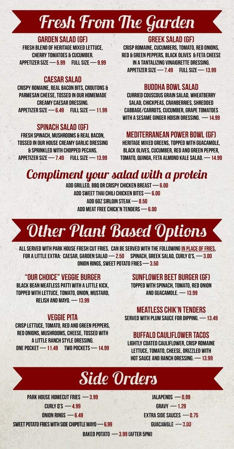 Park House Bar & Restuarant - Goderich, ON menu_pic