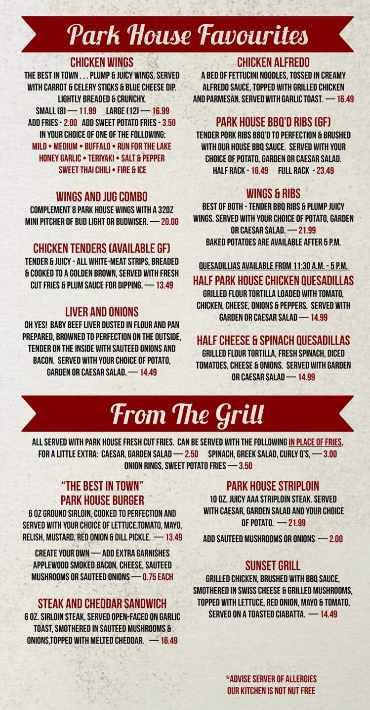 Park House Bar & Restuarant - Goderich, ON menu_pic