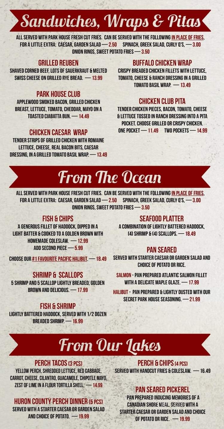 Park House Bar & Restuarant - Goderich, ON menu_pic