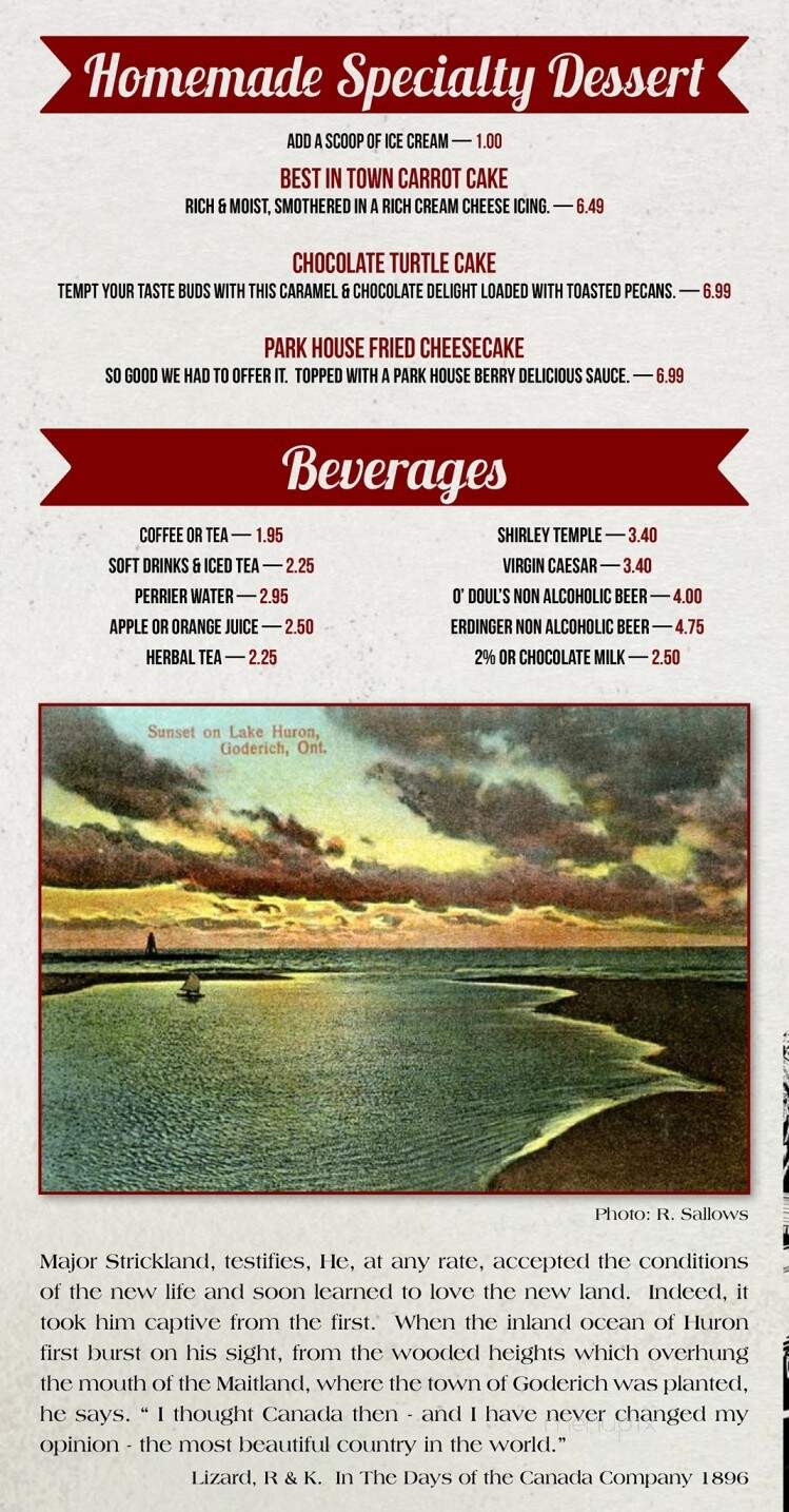 Park House Bar & Restuarant - Goderich, ON menu_pic