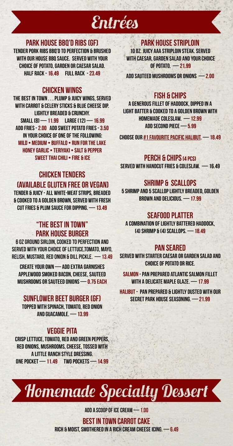 Park House Bar & Restuarant - Goderich, ON menu_pic