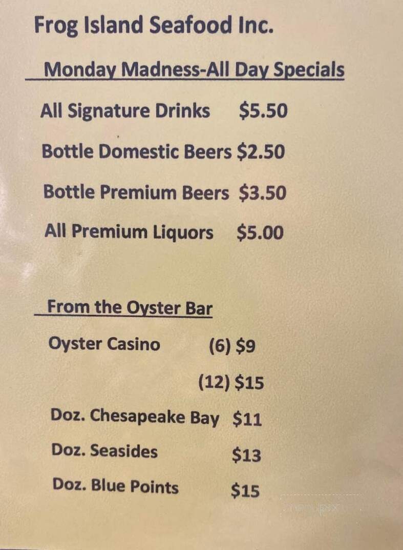 Frog Island Seafood - Elizabeth City, NC menu_pic