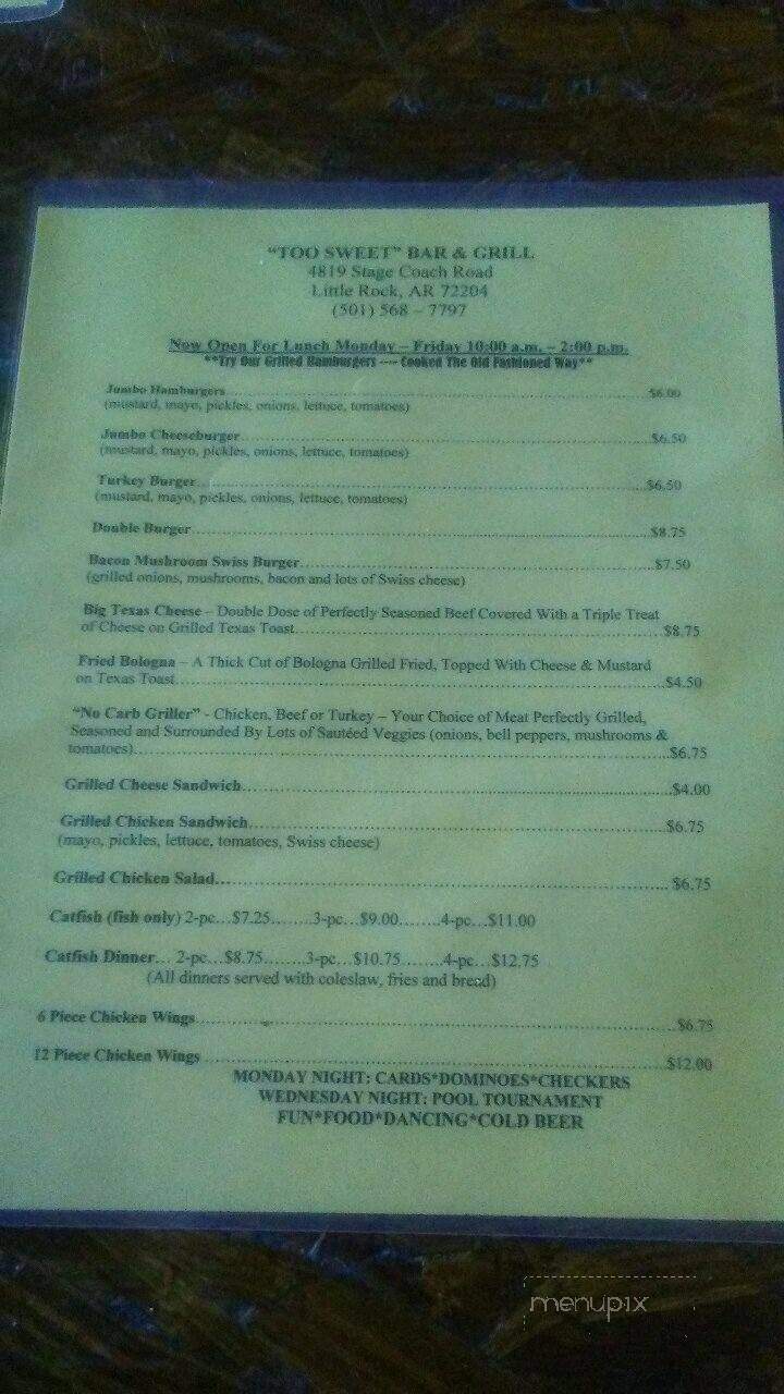 Too Sweet Bar & Grill - Little Rock, AR menu_pic