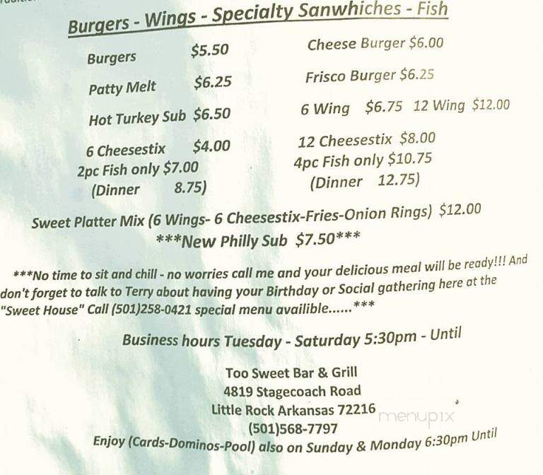 Too Sweet Bar & Grill - Little Rock, AR menu_pic