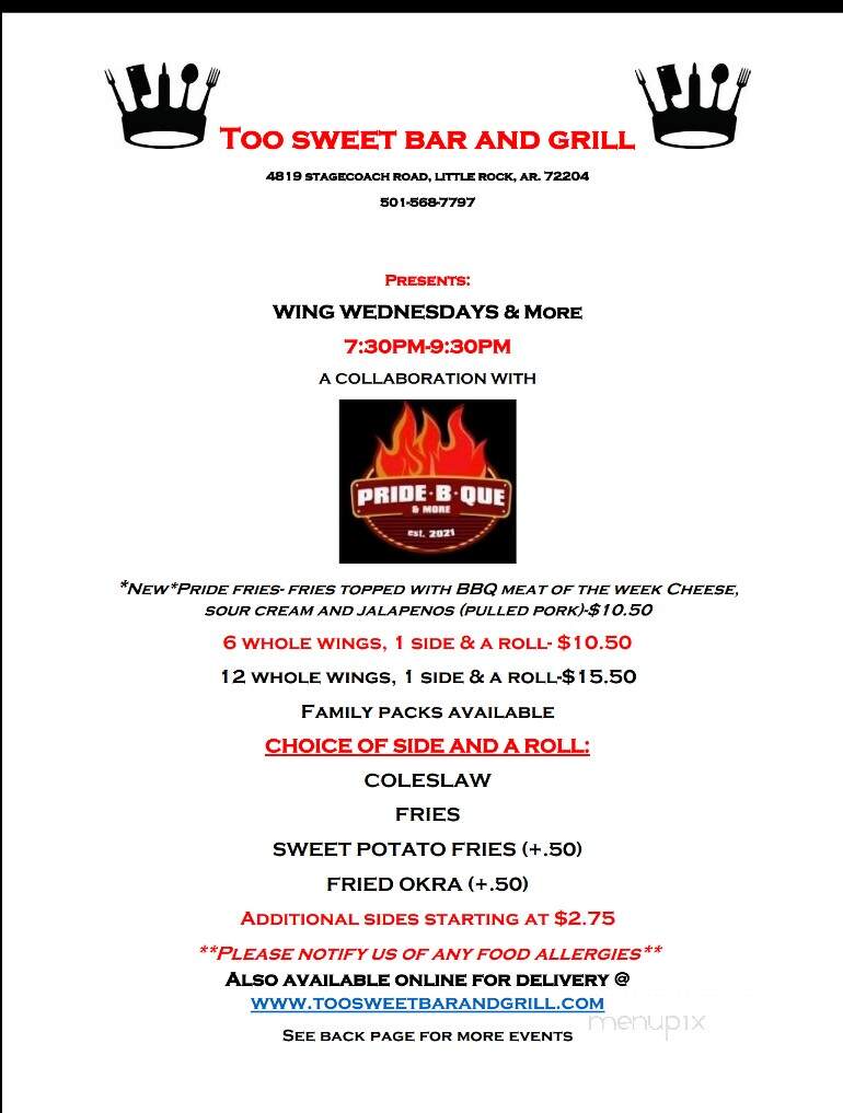 Too Sweet Bar & Grill - Little Rock, AR menu_pic