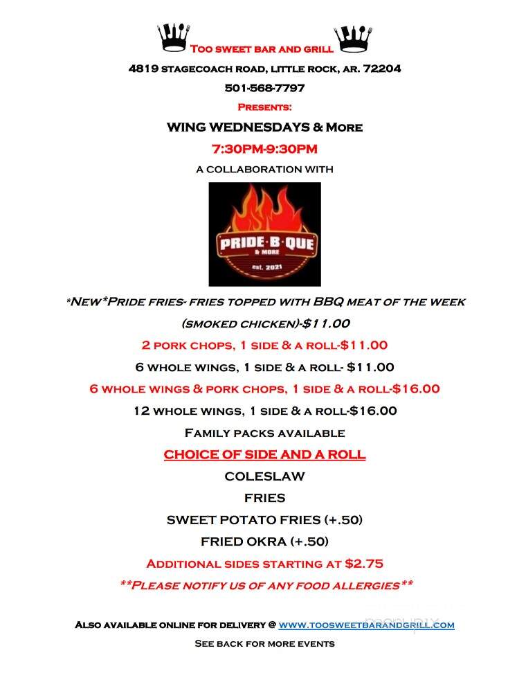 Too Sweet Bar & Grill - Little Rock, AR menu_pic