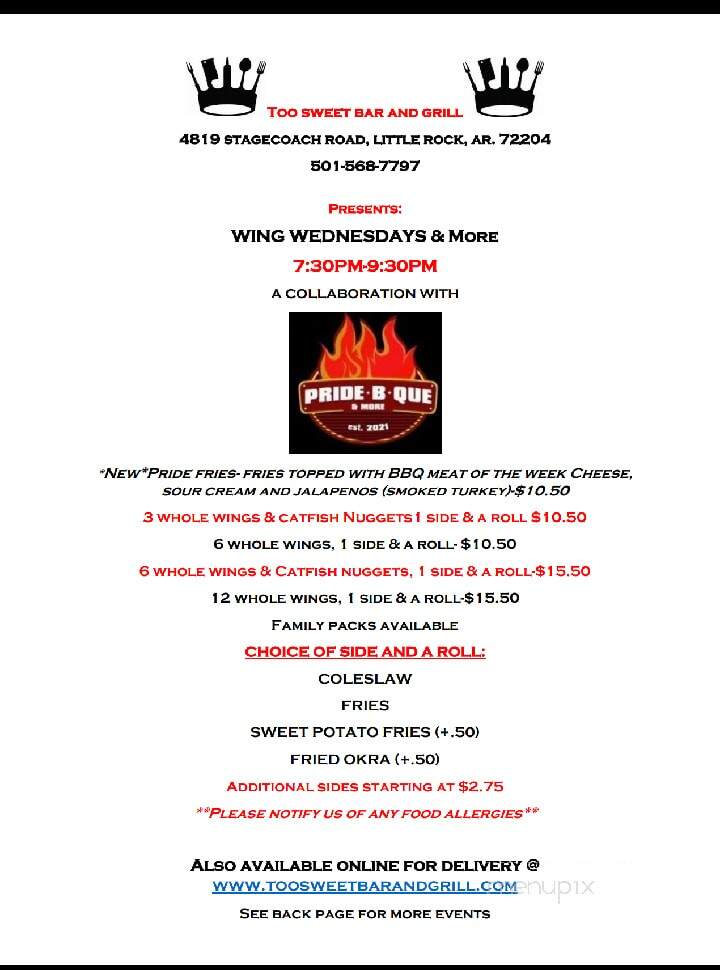 Too Sweet Bar & Grill - Little Rock, AR menu_pic