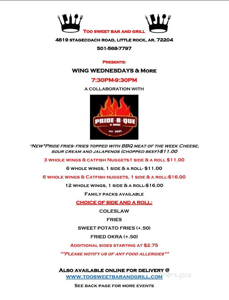 Too Sweet Bar & Grill - Little Rock, AR menu_pic