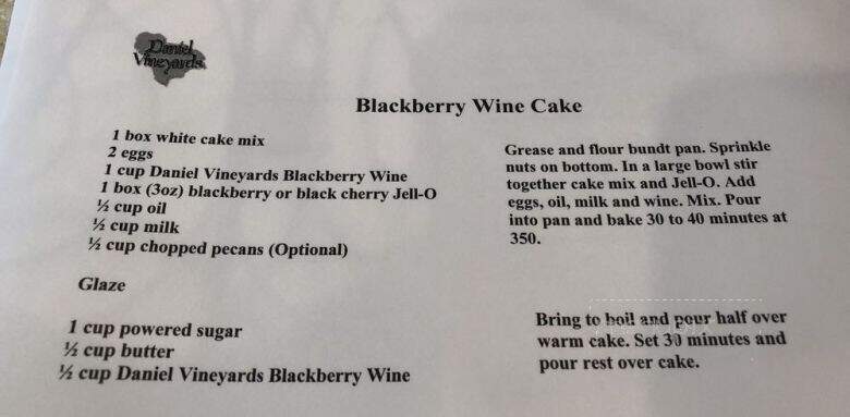 Daniel Vineyards - Crab Orchard, WV menu_pic