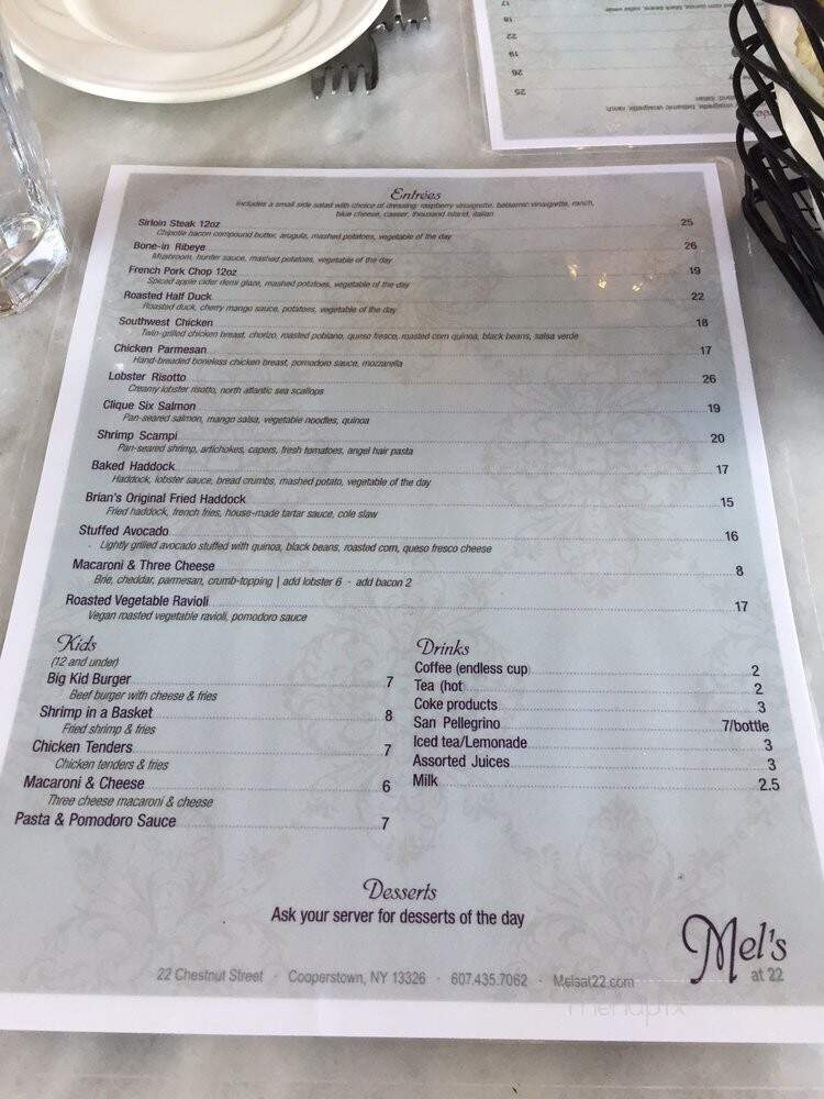 Mel's at 22 - Cooperstown, NY menu_pic