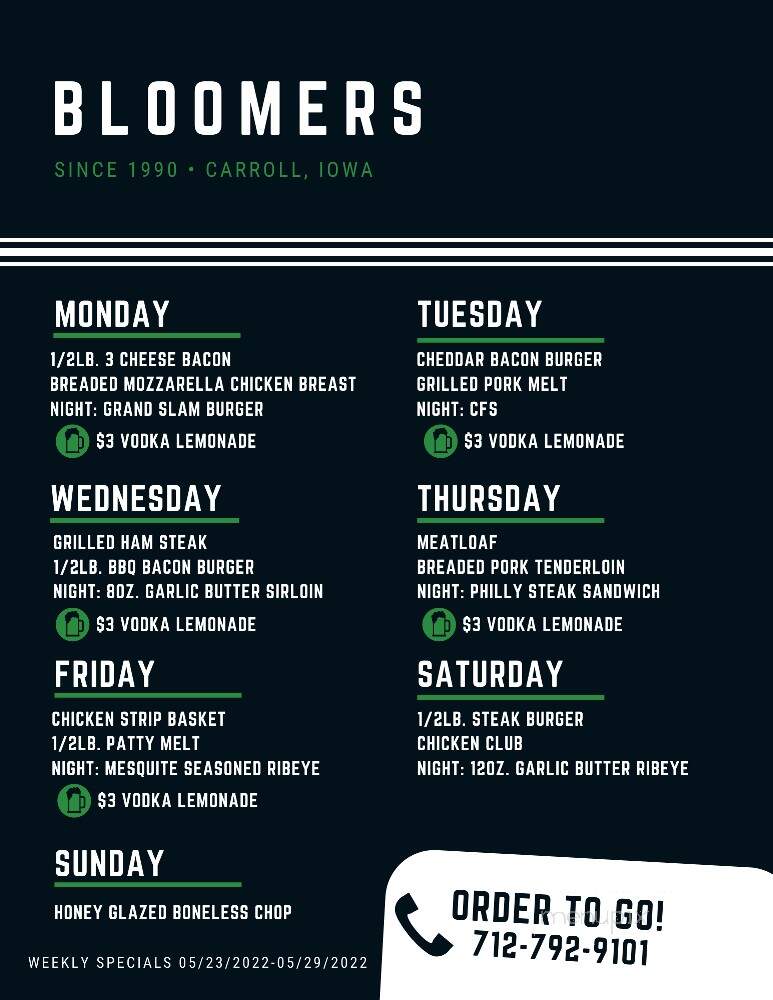 Bloomers Bar & Grill - Carroll, IA menu_pic