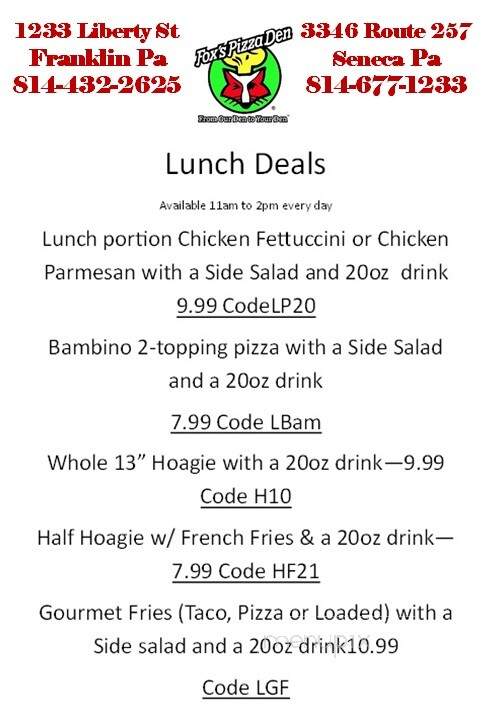 Fox's Pizza Den - Seneca, PA menu_pic
