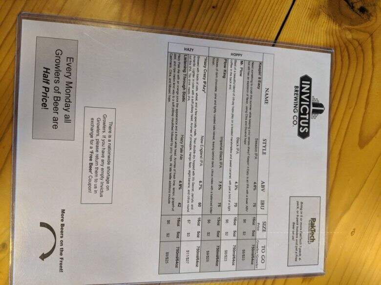 Invictus Brewing - Blaine, MN menu_pic