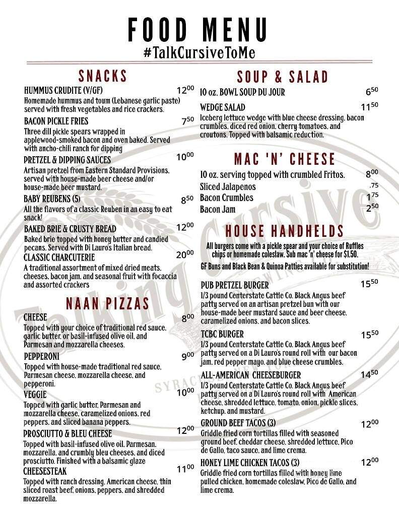 Talking Cursive Brewing Company - Syracuse, NY menu_pic