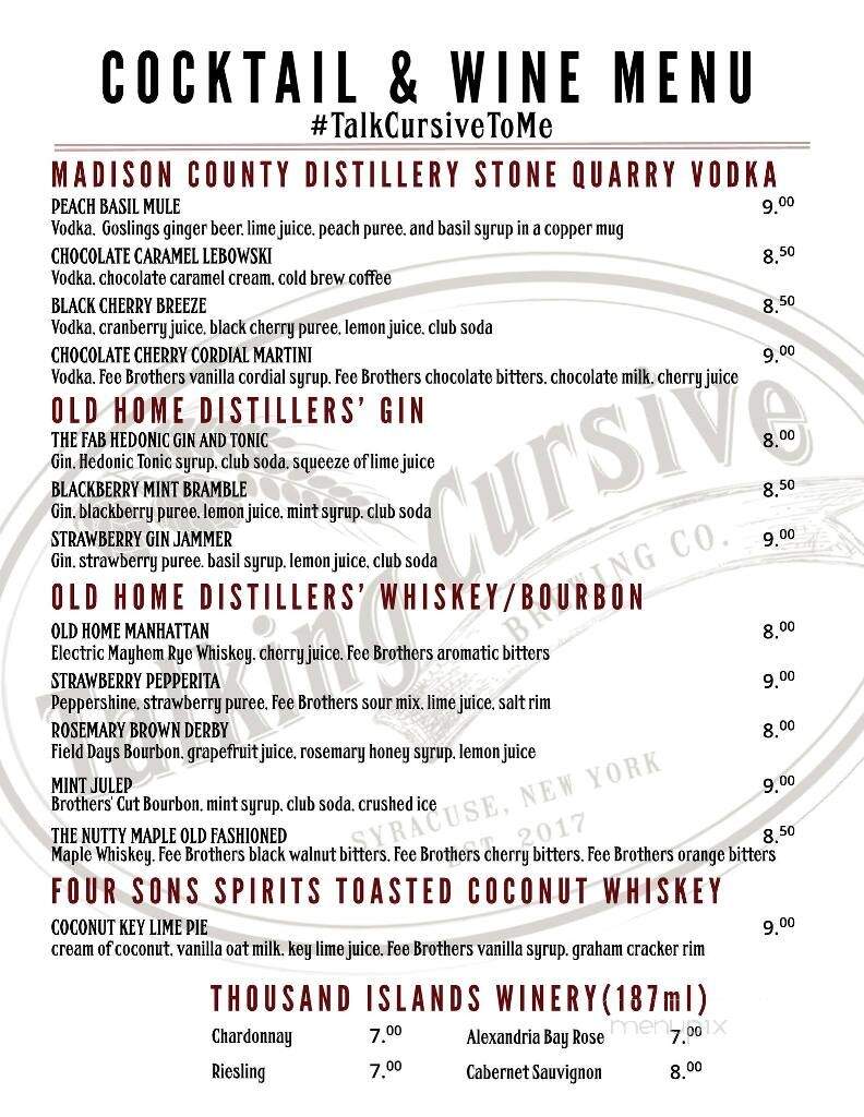 Talking Cursive Brewing Company - Syracuse, NY menu_pic