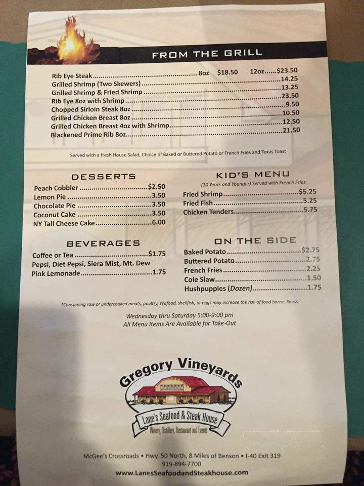 Gregory Vineyards - Angier, NC menu_pic