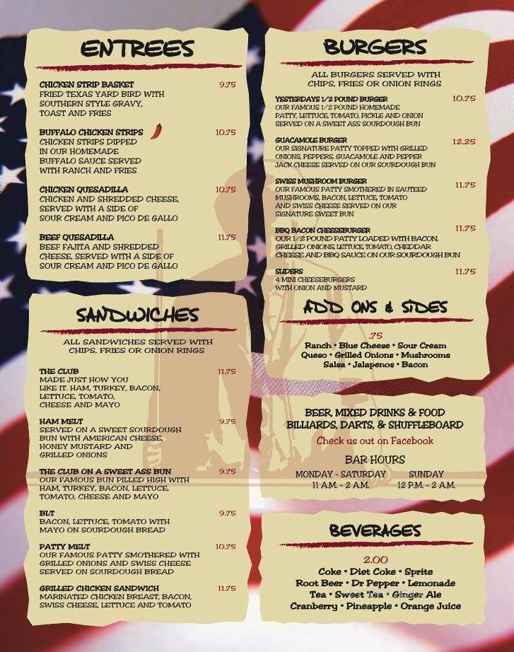 Yesterdays Bar & Grill - Bryan, TX menu_pic