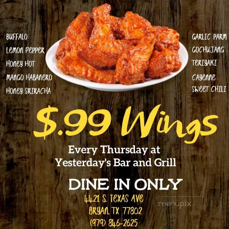 Yesterdays Bar & Grill - Bryan, TX menu_pic