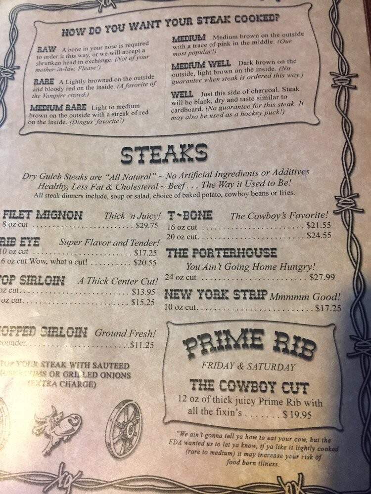 Dry Gulch Steakhouse - Prescott, AZ menu_pic