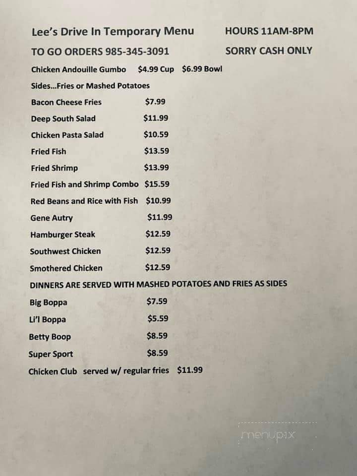 Lee's Drive In - Hammond, LA menu_pic
