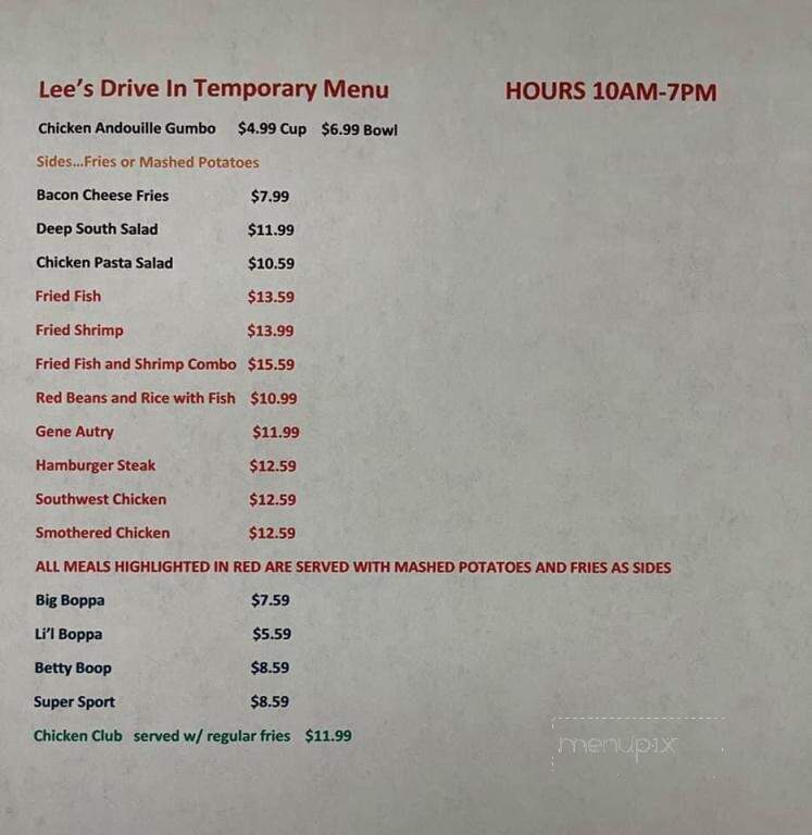 Lee's Drive In - Hammond, LA menu_pic