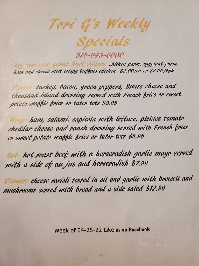 Tori G's - Catskill, NY menu_pic