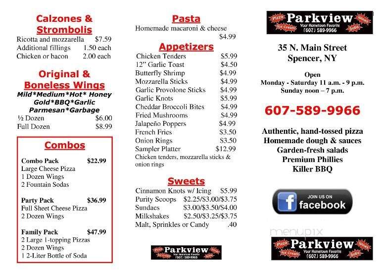 Parkview Pizzeria - Spencer, NY menu_pic