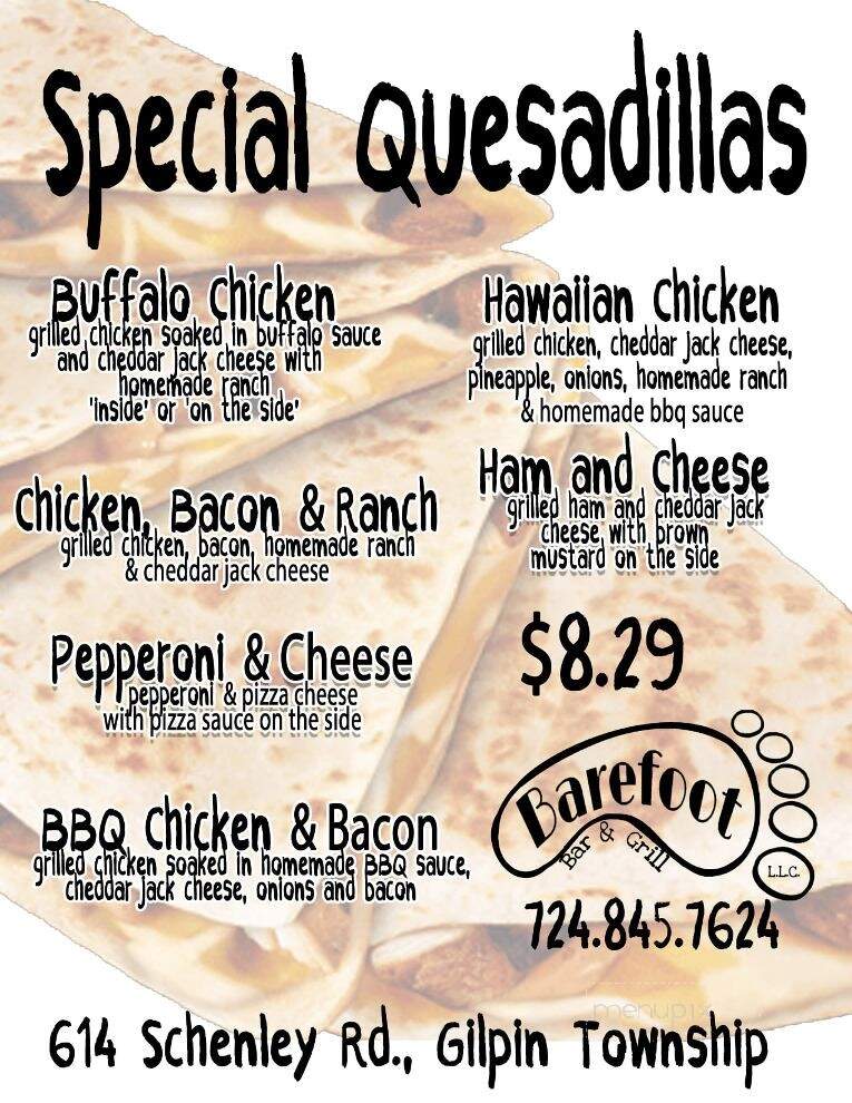 Barefoot Bar & Grill - Leechburg, PA menu_pic
