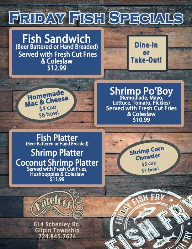 Barefoot Bar & Grill - Leechburg, PA menu_pic