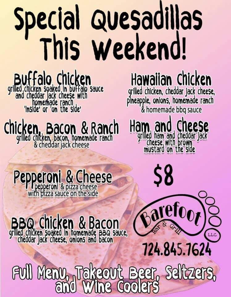 Barefoot Bar & Grill - Leechburg, PA menu_pic