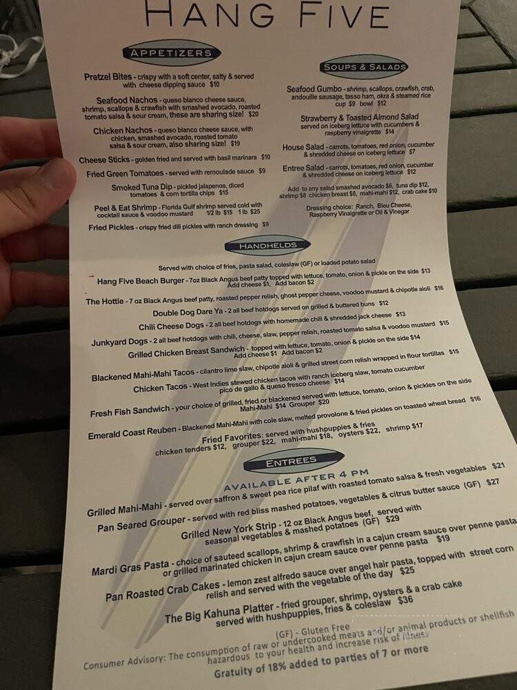 Hang Five Beach Bar & Grill - Panama City Beach, FL menu_pic