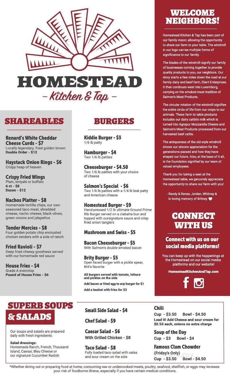 Homestead Kitchen & Tap - Algoma, WI menu_pic