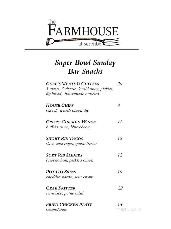 Menu of The Farmhouse at Serenbe in Palmetto, GA 30268