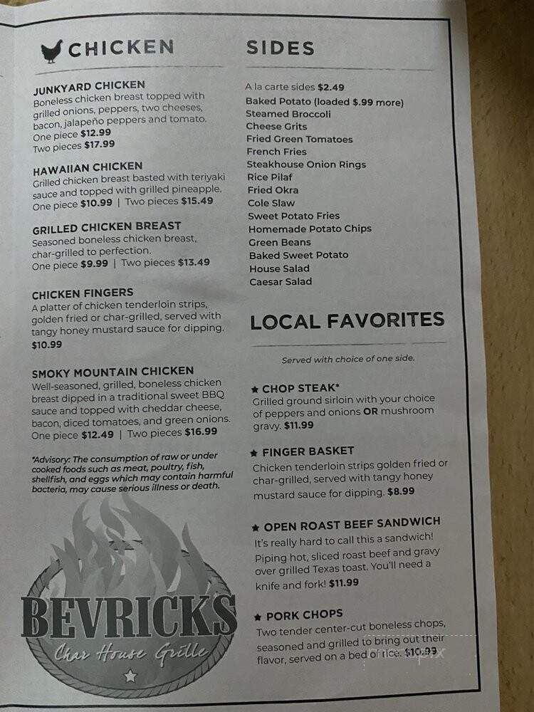 Bevricks Char House Grille - Metter, GA menu_pic