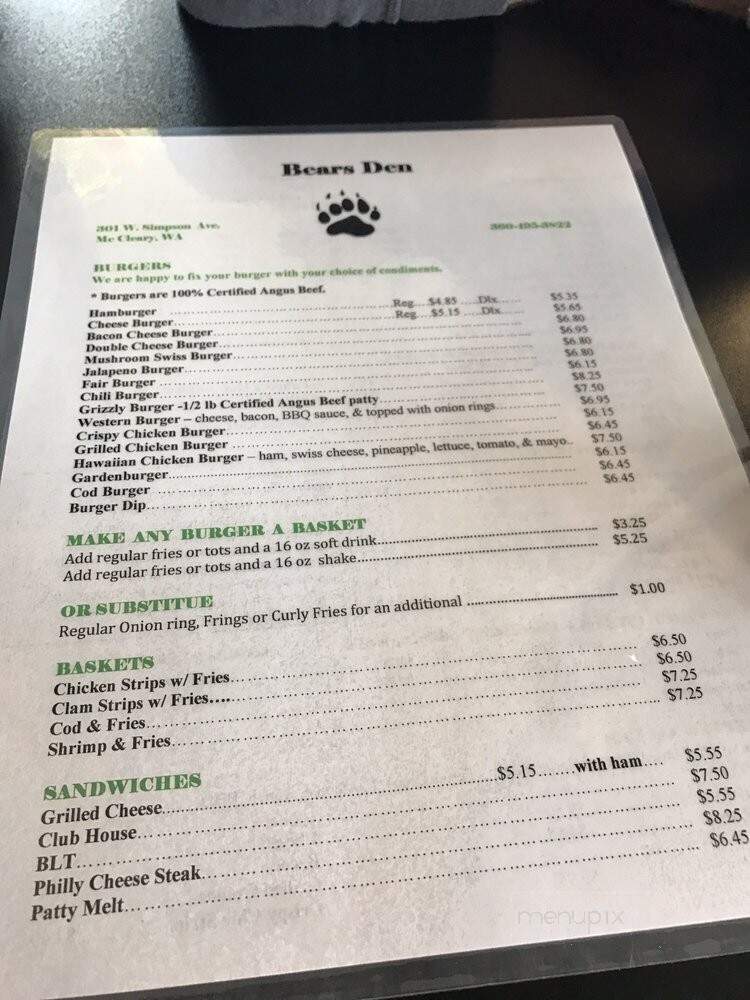 Bears Den - McCleary, WA menu_pic