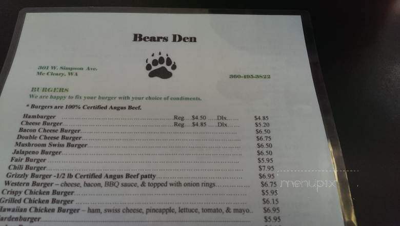 Bears Den - McCleary, WA menu_pic