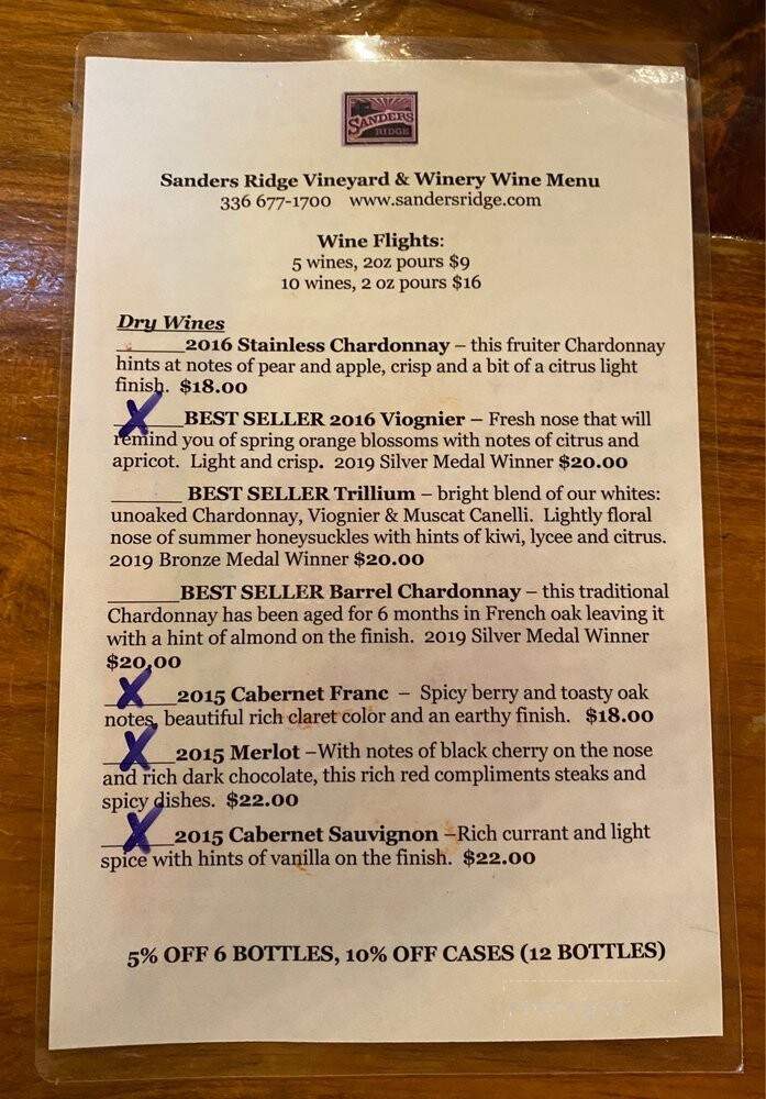 Sanders Ridge - Boonville, NC menu_pic