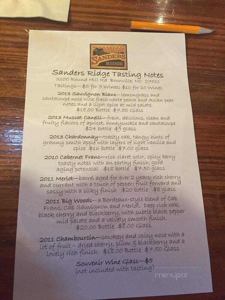 Sanders Ridge - Boonville, NC menu_pic