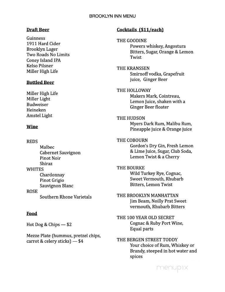 Brooklyn Inn - Brooklyn, NY menu_pic