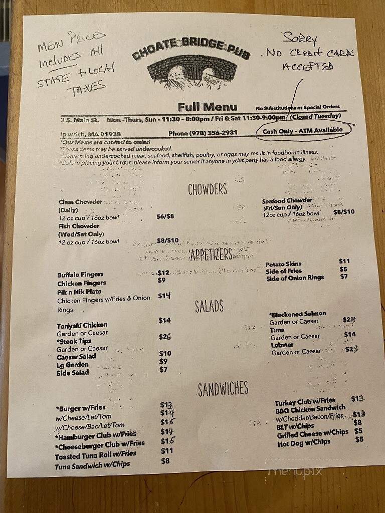 Choate Bridge Restaurant - Ipswich, MA menu_pic