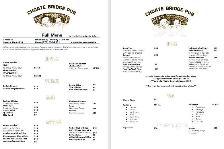 Choate Bridge Restaurant - Ipswich, MA menu_pic