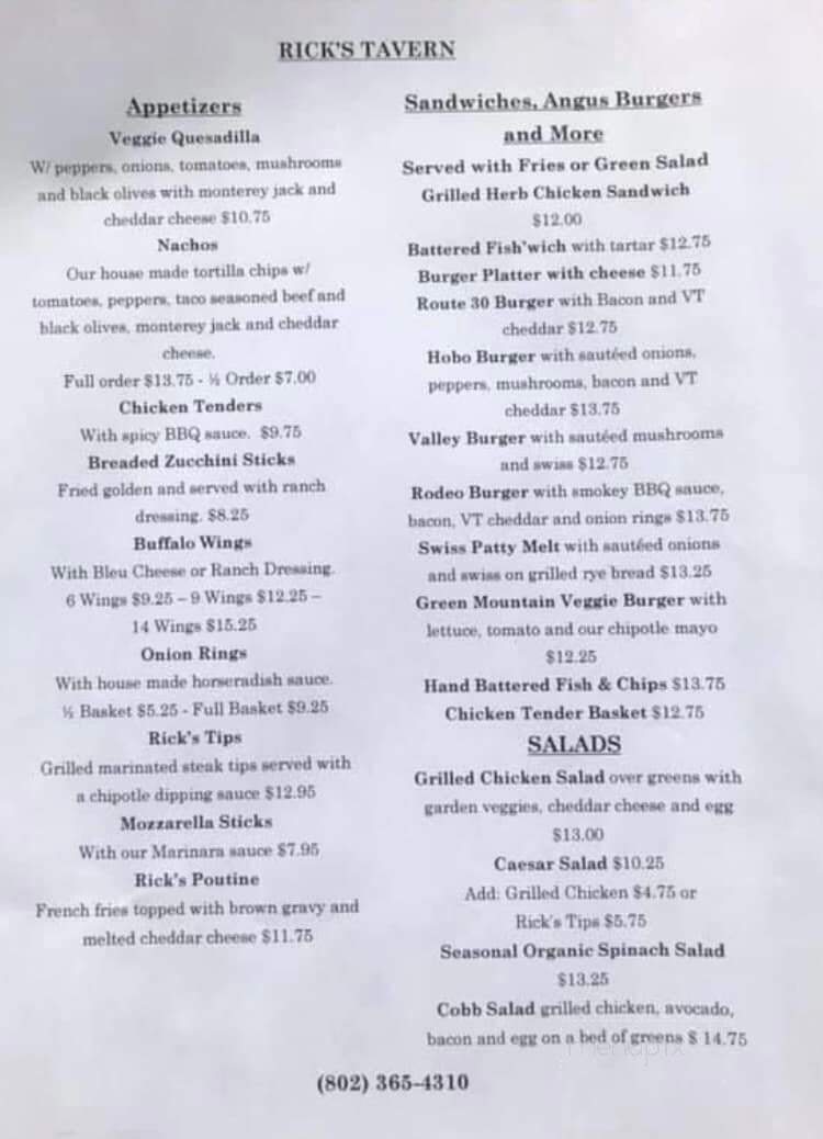 Rick's Tavern - Newfane, VT menu_pic