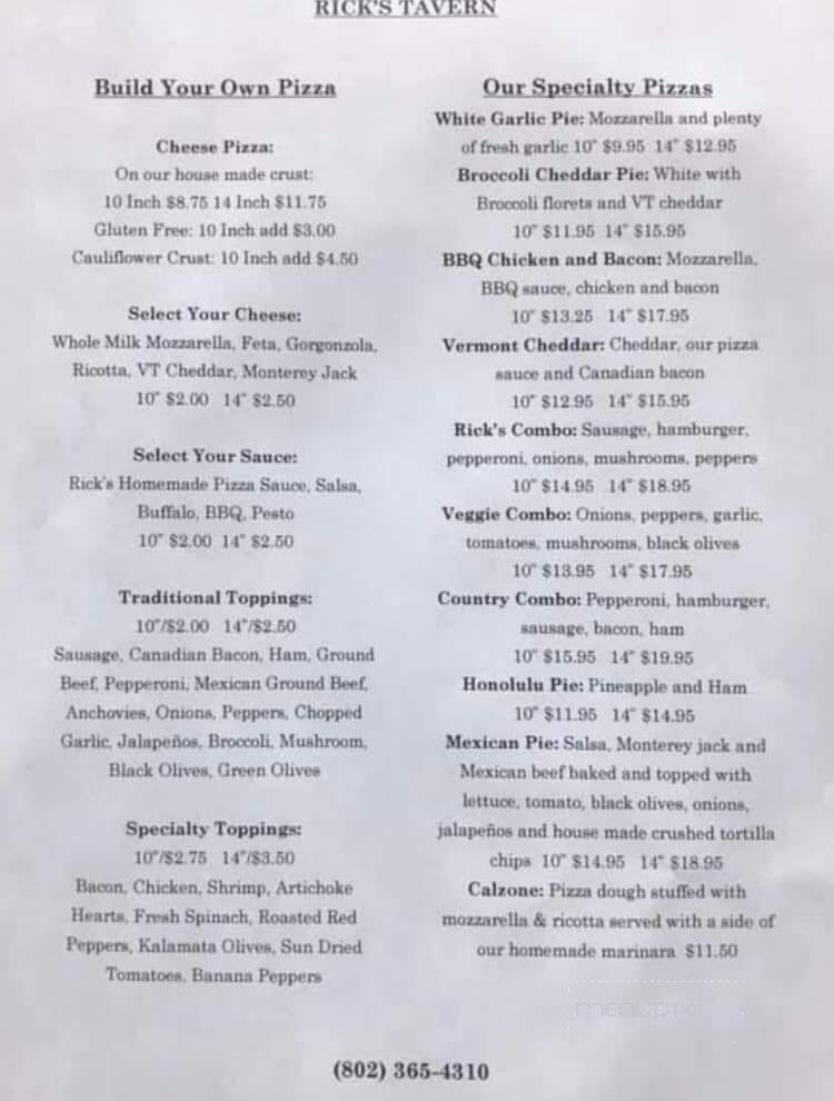 Rick's Tavern - Newfane, VT menu_pic