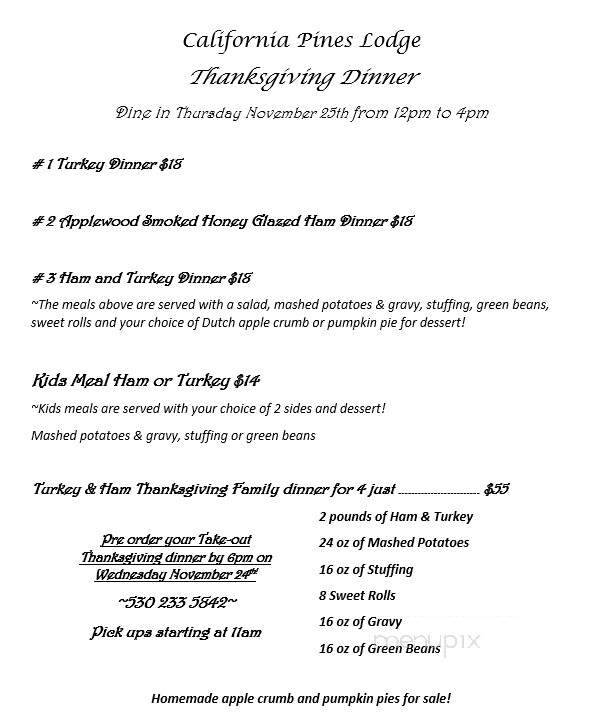 California Pines Lodge - Alturas, CA menu_pic
