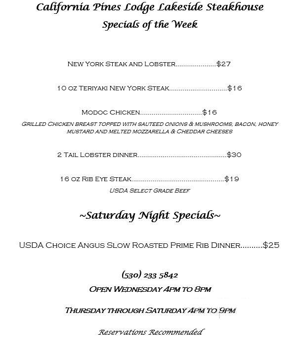 California Pines Lodge - Alturas, CA menu_pic