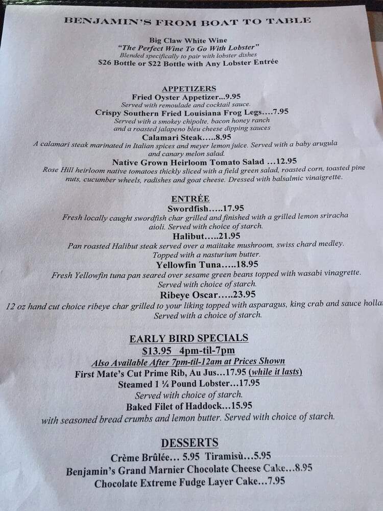 Benjamin's Restaurant and Raw Bar - Newport, RI menu_pic