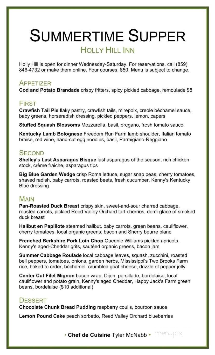 Holly Hill Inn - Midway, KY menu_pic