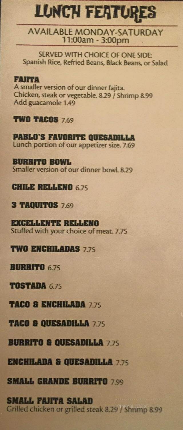 Pablo's Mexican Restaurant - Shakopee, MN menu_pic