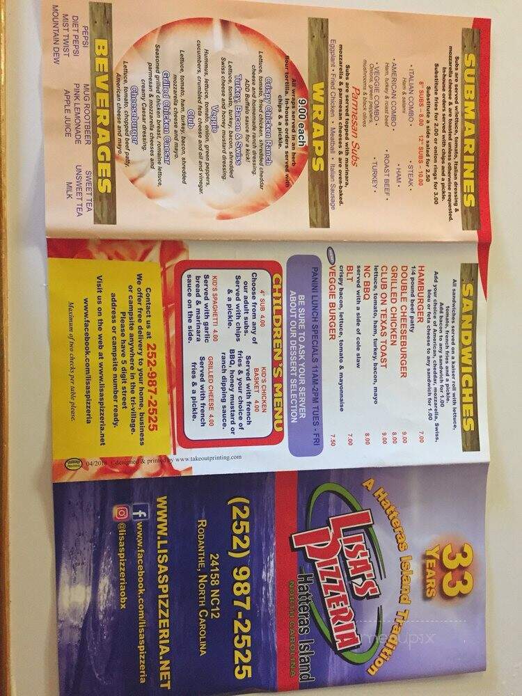 Lisa's Pizzeria - Rodanthe, NC menu_pic