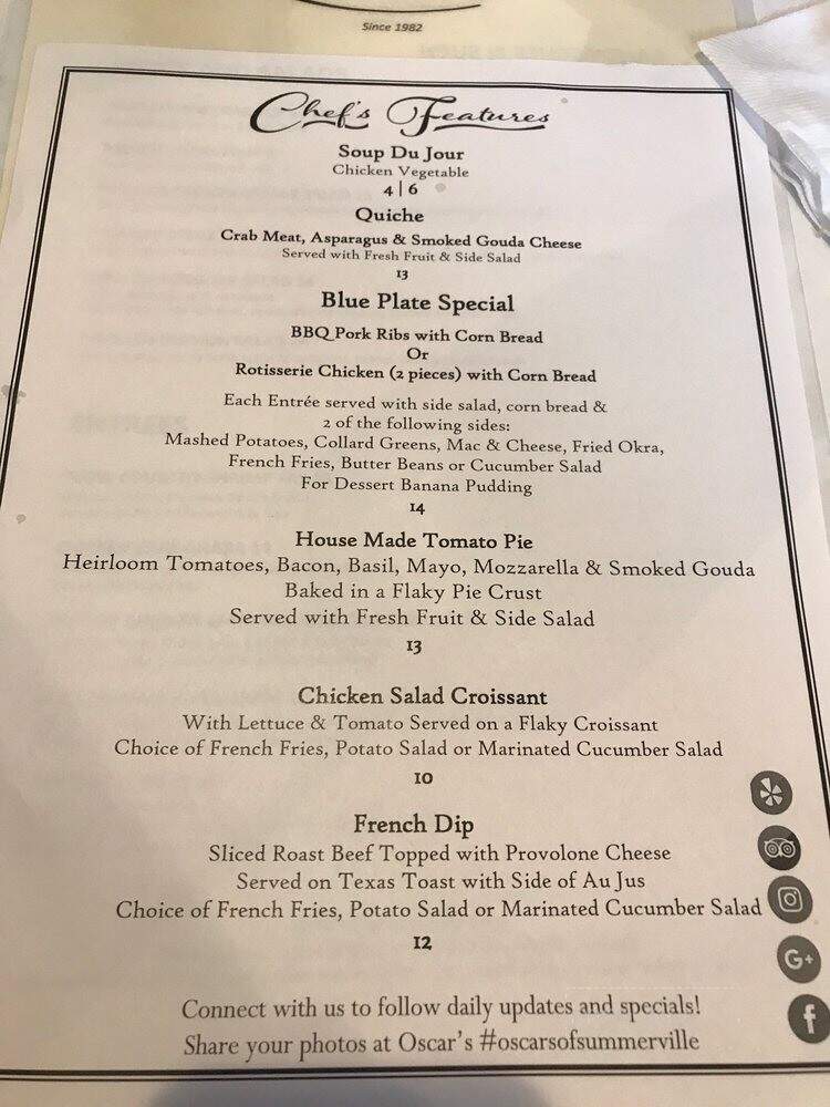 Oscar's Place - Summerville, SC menu_pic